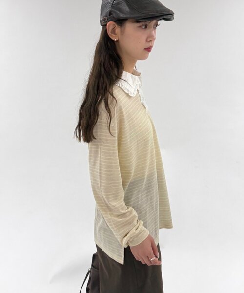 w closet(ダブルクローゼット)の「フリル衿ボーダーTシャツ(Tシャツ/カットソー・レディース・イエロー/ネイビー/グレー・FREE)」の7枚目の写真
