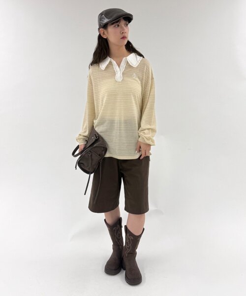 w closet(ダブルクローゼット)の「フリル衿ボーダーTシャツ(Tシャツ/カットソー・レディース・イエロー/ネイビー/グレー・FREE)」の9枚目の写真