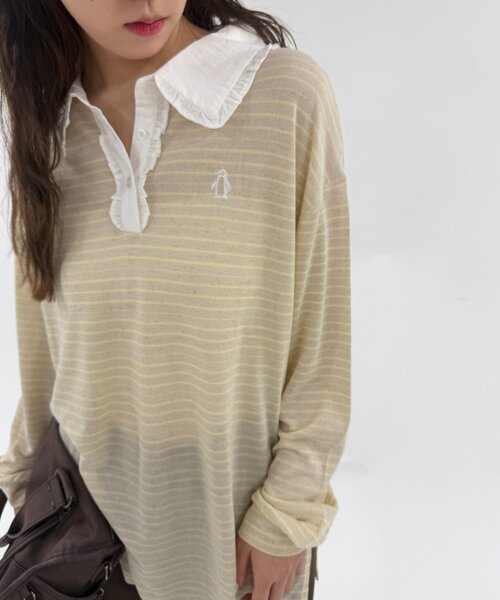 w closet(ダブルクローゼット)の「フリル衿ボーダーTシャツ(Tシャツ/カットソー・レディース・イエロー/ネイビー/グレー・FREE)」の12枚目の写真