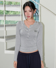 レイヤーヘンリーネック長袖Tシャツ[グレー]