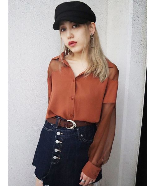 EMODA（エモダ）の「シアードッキングシャツ（シャツ/ブラウス・レディース・ブラック/ブラウン/オレンジ・FREE）」の3枚目の写真