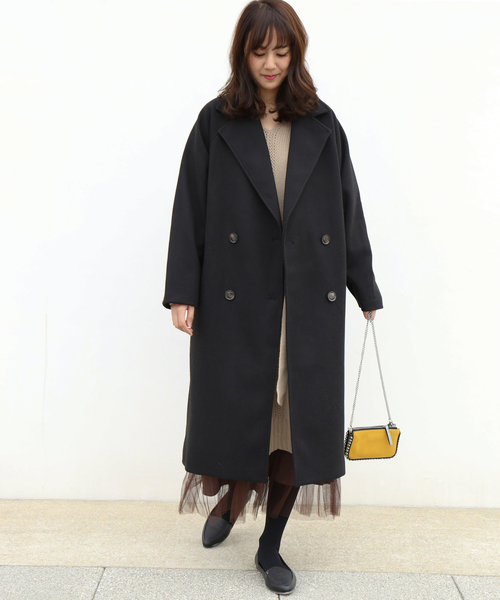 n'ee-ne（ネーネ）の「フェイクメルトンダブルコート（チェスターコート・レディース・ブラック/アイボリー/モカ/ダークラベンダー/グレイッシュベージュ/ベージュ・FREE）」の3枚目の写真