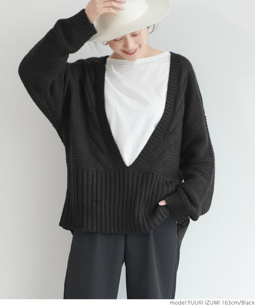 coca（coca）（コカ）の「深Vネックニット（ニット/セーター・レディース・ブラック/ダークベージュ・ONE SIZE）」の7枚目の写真