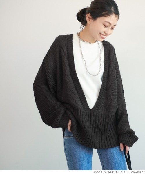 coca（coca）（コカ）の「深Vネックニット（ニット/セーター・レディース・ブラック/ダークベージュ・ONE SIZE）」の9枚目の写真