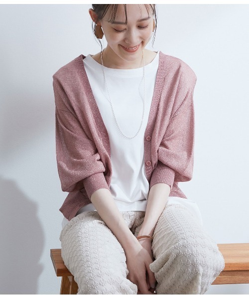VIS(ビス)の「【前後2WAY】ラメシアー7分ボリューム袖カーディガン(カーディガン/ボレロ・レディース・ホワイト/ベージュ/ネイビー/ピンク/ブラック/パープル・FREE)」の6枚目の写真