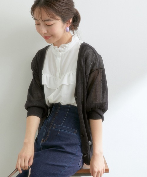 VIS(ビス)の「【前後2WAY】ラメシアー7分ボリューム袖カーディガン(カーディガン/ボレロ・レディース・ホワイト/ベージュ/ネイビー/ピンク/ブラック/パープル・FREE)」の3枚目の写真