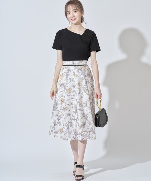 アシメネックリブカットソー ライン入りフラワープリントドッキングワンピース Tocco Closet Tocco Luxe ワンピース Closet Tocco ワンピース Closet トッコ クローゼット のファッション