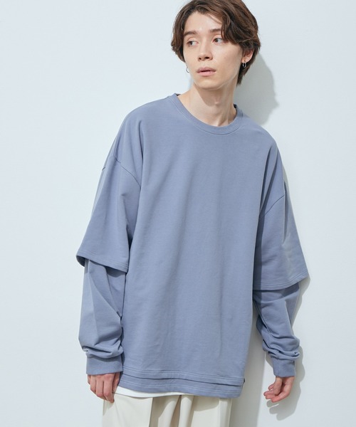 JUNRED(ジュンレッド)の「フェイクレイヤード裏毛ロングTシャツ(Tシャツ/カットソー・メンズ・グレー/ダークブラウン/ブルー・S/M/L)」の3枚目の写真