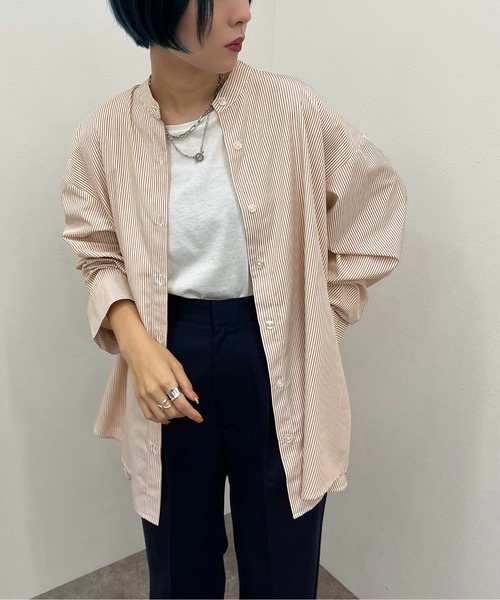 apres jour mignon（アプレジュールミニョン）の「ストライプバンドカラーシャツ【ZOZOTOWN限定アイテム】（シャツ/ブラウス・レディース・レッド/ネイビー/グリーン/オレンジ・フリー/X-LARGE）」の4枚目の写真