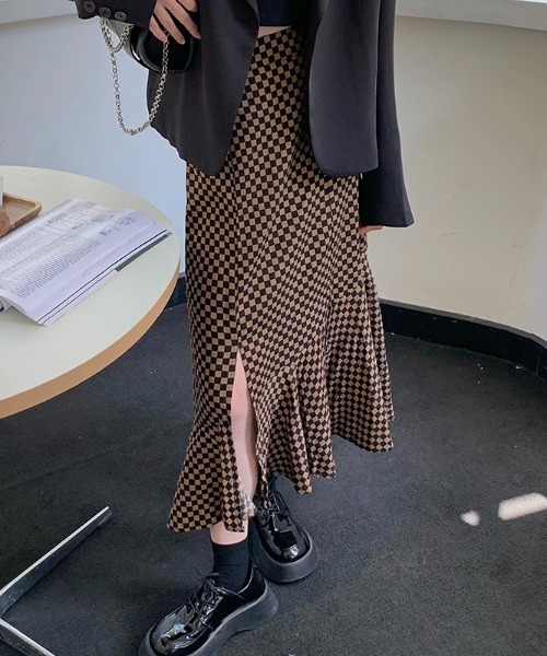 MANGROVE（マングローブ）の「チェッカー柄スリットマーメイドスカート（スカート・レディース・ブラウン・FREE）」の12枚目の写真