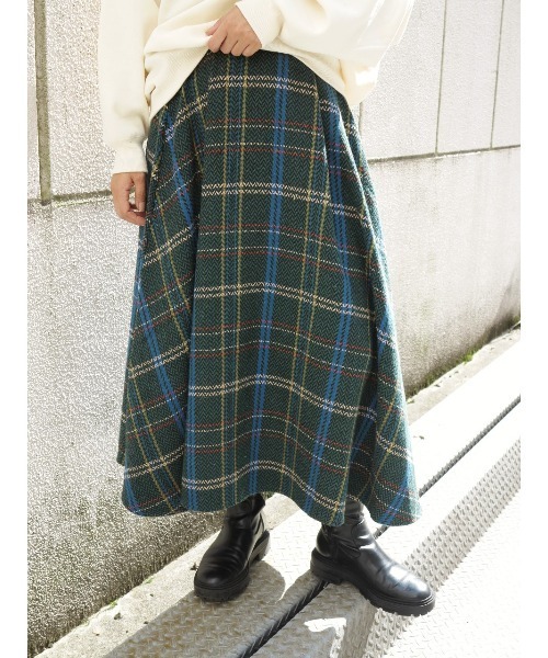 LiSeek（リシーク）の「【LiSeeK】ツイードチェック柄ロングスカート（スカート・レディース・オレンジ/グリーン・FREE）」の3枚目の写真