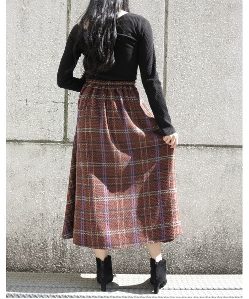 LiSeek（リシーク）の「【LiSeeK】ツイードチェック柄ロングスカート（スカート・レディース・オレンジ/グリーン・FREE）」の5枚目の写真