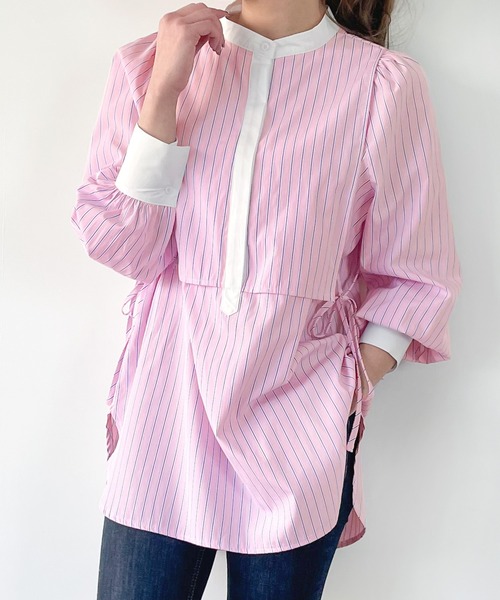 JUNOAH（ジュノア）の「ストライプレイヤードシャツ（シャツ/ブラウス・レディース・ピンク/ネイビー/ブルー/イエロー・MEDIUM/LARGE/X-LARGE）」の4枚目の写真