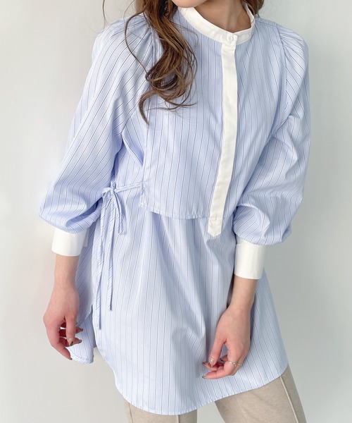 JUNOAH（ジュノア）の「ストライプレイヤードシャツ（シャツ/ブラウス・レディース・ピンク/ネイビー/ブルー/イエロー・MEDIUM/LARGE/X-LARGE）」の3枚目の写真