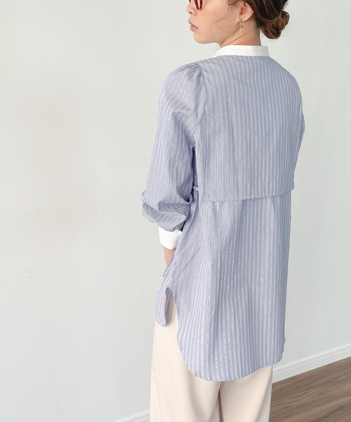 JUNOAH（ジュノア）の「ストライプレイヤードシャツ（シャツ/ブラウス・レディース・ピンク/ネイビー/ブルー/イエロー・MEDIUM/LARGE/X-LARGE）」の5枚目の写真