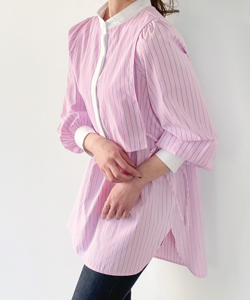 JUNOAH（ジュノア）の「ストライプレイヤードシャツ（シャツ/ブラウス・レディース・ピンク/ネイビー/ブルー/イエロー・MEDIUM/LARGE/X-LARGE）」の12枚目の写真