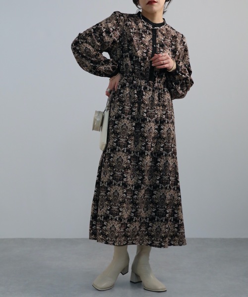 60's70's vintage 古着 ワンピース ダマスク柄 チャイナ風 レディース 古着 70s USA製 GUNNE SAX 小花柄 フリル レース