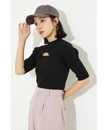 オープンネックハーフスリーブニットトップス