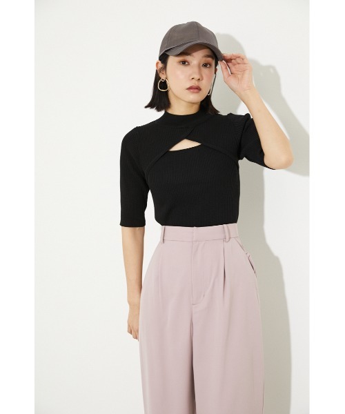 rienda（リエンダ）の「オープンネックハーフスリーブニットトップス（ニット/セーター・レディース・ブラック/ピンク/ブルー/ライトベージュ・FREE）」の8枚目の写真