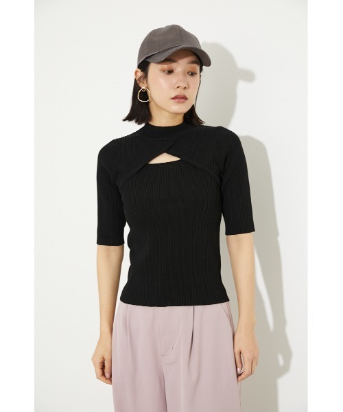 rienda（リエンダ）の「オープンネックハーフスリーブニットトップス（ニット/セーター・レディース・ブラック/ピンク/ブルー/ライトベージュ・FREE）」の10枚目の写真