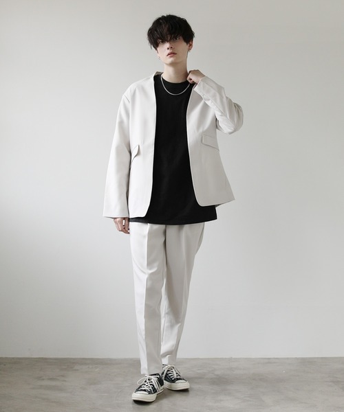 ASTRONOMY（アストロノミー）の「ポリトロ ノーカラージャケット＆テーパードパンツ セットアップ（セットアップ・メンズ・ブラック/ネイビー/ブラウン/グリーン/アイボリー/ブルーグレー/ラベンダー/スモークグレー/グレー系その他/ブラウン系その他・S/M/L/XL）」の11枚目の写真