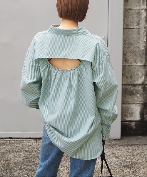 tiptop(ティップトップ)の「バックシャンストライプBIGシャツ(シャツ/ブラウス・レディース・ピンク/ブルー/グリーン/サックスブルー・FREE)」の9枚目の写真
