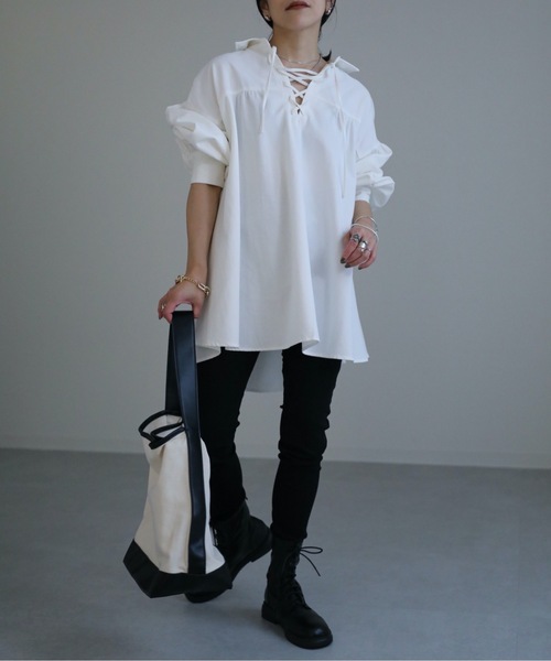 ap retro（アプレトロ）の「スピンドルチュニックシャツ（シャツ/ブラウス・レディース・ホワイト/ブラック・FREE）」の4枚目の写真