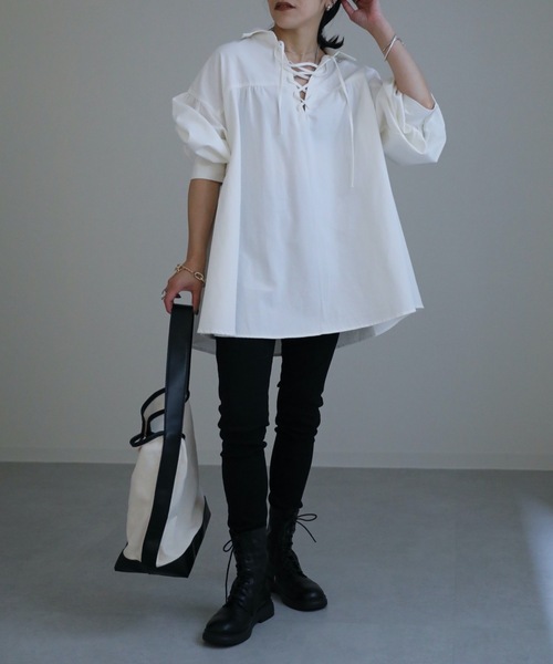 ap retro（アプレトロ）の「スピンドルチュニックシャツ（シャツ/ブラウス・レディース・ホワイト/ブラック・FREE）」の15枚目の写真