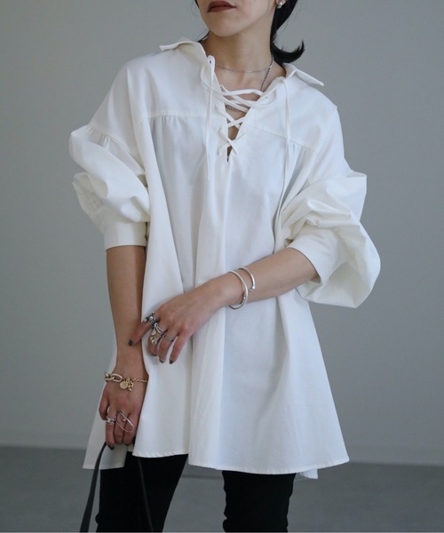 ap retro（アプレトロ）の「スピンドルチュニックシャツ（シャツ/ブラウス・レディース・ホワイト/ブラック・FREE）」の3枚目の写真