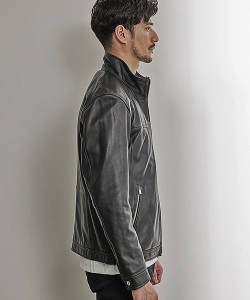 UNION STATION（ユニオンステーション）の「【EFFORTLESS】ラムレザースタンドカラージャケット（ライダースジャケット・メンズ・ブラック/ネイビー・LL/S/M/L）」の16枚目の写真