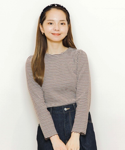 flower（フラワー）の「キャラメルボーダートップ（Tシャツ/カットソー・レディース・ブラウン/ベージュ・FREE）」の2枚目の写真