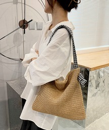 【軽量】千鳥格子ショルダーのくったりカゴバッグ/トートバッグ