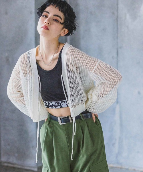 PAGEBOY（ページボーイ）の「フロントリボンメッシュカーディガン（カーディガン/ボレロ・レディース・グリーン/レッド/オフホワイト/ブラック/グリーン系その他/ブルー系その他・FREE）」の7枚目の写真