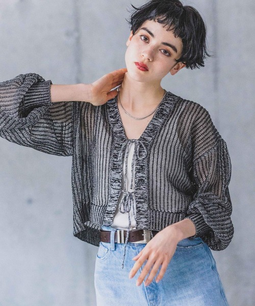 PAGEBOY（ページボーイ）の「フロントリボンメッシュカーディガン（カーディガン/ボレロ・レディース・グリーン/レッド/オフホワイト/ブラック/グリーン系その他/ブルー系その他・FREE）」の13枚目の写真