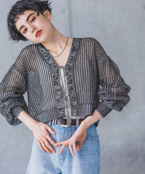 PAGEBOY（ページボーイ）の「フロントリボンメッシュカーディガン（カーディガン/ボレロ・レディース・グリーン/レッド/オフホワイト/ブラック/グリーン系その他/ブルー系その他・FREE）」の14枚目の写真