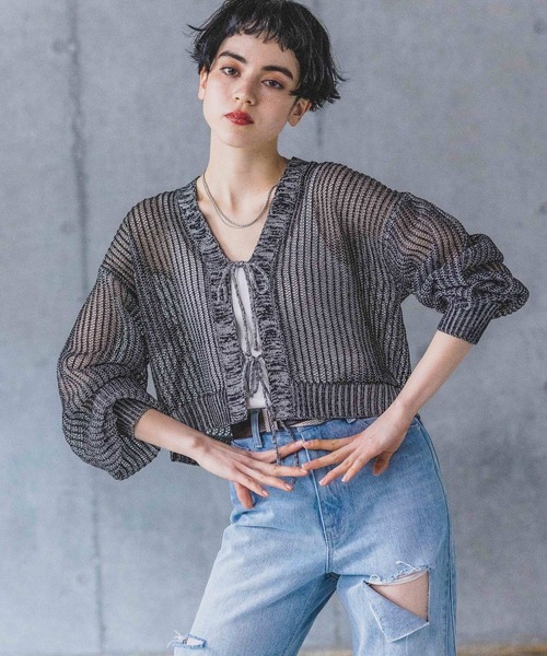 PAGEBOY（ページボーイ）の「フロントリボンメッシュカーディガン（カーディガン/ボレロ・レディース・グリーン/レッド/オフホワイト/ブラック/グリーン系その他/ブルー系その他・FREE）」の12枚目の写真