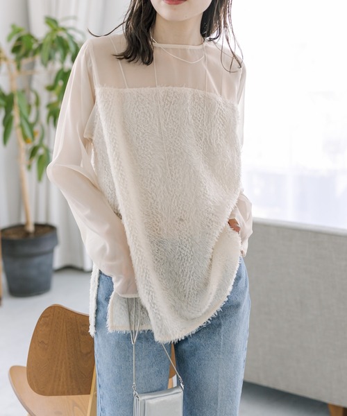 mystic（ミスティック）の「フリンジ切替ブラウス（シャツ/ブラウス・レディース・ブラック/ベージュ/オフホワイト・FREE）」の3枚目の写真