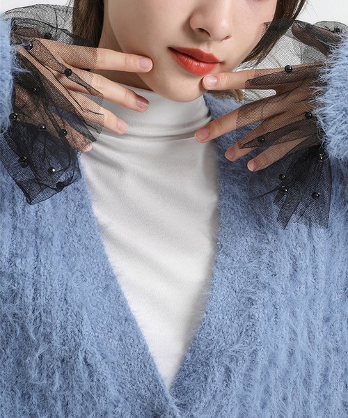 Felt-Maglietta（フェルトマリエッタ）の「パールレースメッシュ付け袖（アームカバー・レディース・ブラック/ホワイト・FREE）」の2枚目の写真