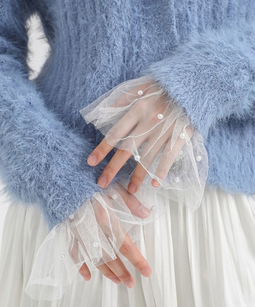 Felt-Maglietta（フェルトマリエッタ）の「パールレースメッシュ付け袖（アームカバー・レディース・ブラック/ホワイト・FREE）」の3枚目の写真