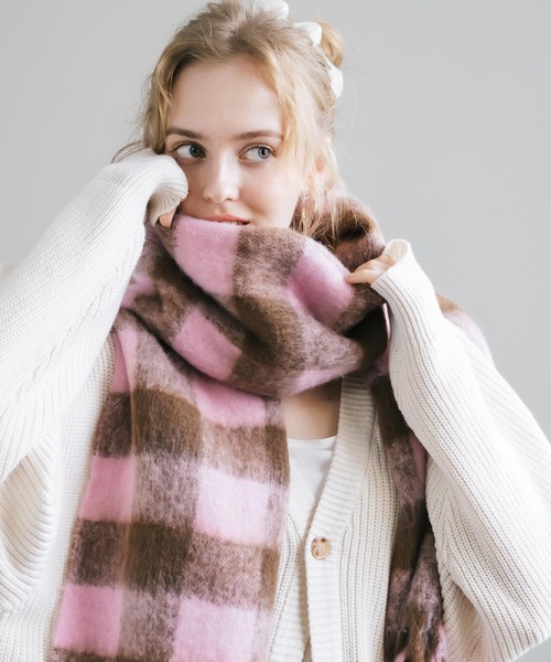 新色追加 モヘアタッチ ボリュームフリンジマフラー 無地