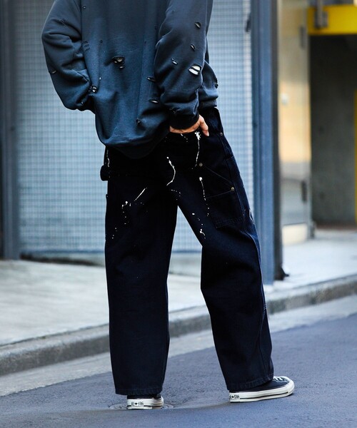 FREAK'S STORE(フリークスストア)の「FREAK’S STORE/フリークスストア ストレートシルエット ワイド ダブルニー ペインターデニム/ビックシルエット/デニムパンツ/ワークパンツ/ペンキ加工(その他パンツ・メンズ・ブラック/ネイビー・MEDIUM/LARGE)」の9枚目の写真