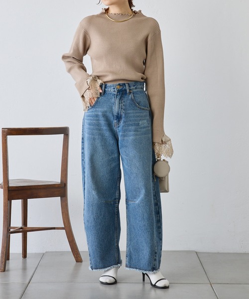 PUAL CE CIN(ピュアルセシン)の「袖口レースプチハイネックリブメロープルオーバー(ニット/セーター・レディース・ブラック/ベージュ・FREE)」の7枚目の写真