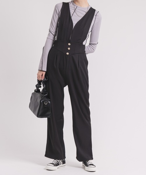 URBAN CHERRY(アーバンチェリー)の「【レディース】配色メロウデザイントップス+深Vネックサロペットパンツ(Tシャツ/カットソー・レディース・ベージュ/グレー・S/M)」の2枚目の写真