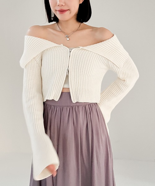 Heather（ヘザー）の「オフショルZIPニットカーディガン 105331