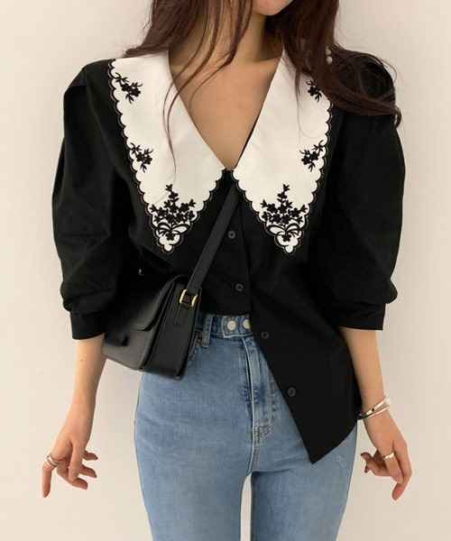 i-dare（アイディア）の「【i-dare】刺繍襟シャツ（シャツ/ブラウス・レディース・ホワイト/ブラック・MEDIUM/LARGE/X-LARGE）」の2枚目の写真