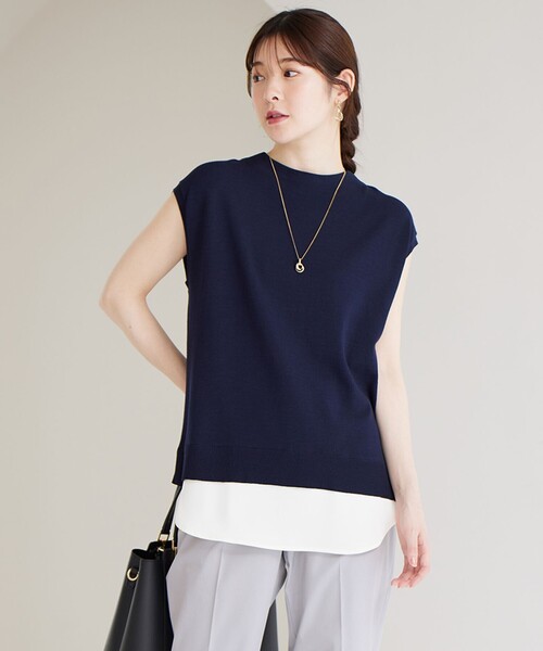 ANY SIS(エニィスィス)の「【洗える】フレンチスリーブシャツテール ニット(ニット/セーター・レディース・ネイビー系/パイングリーン系/ライラック系・4)」の2枚目の写真