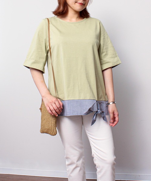 MB mint breeze(エムビーミントブリーズ)の「【L~5L 大きいサイズ】異素材リボンヘムカットソー(Tシャツ/カットソー・レディース・カーキ/ネイビー・LL/3L/4L/5L/L)」の1枚目の写真
