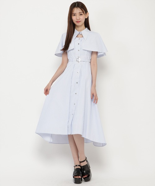 美品　レディアゼル　ストライプ シャツワンピース ケープ フレア　ロング丈 美品 レディアゼル ストライプ シャツワンピース ケープ フレア