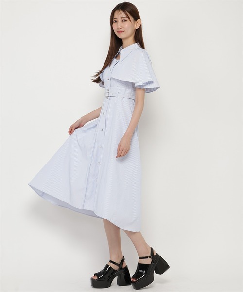 美品　レディアゼル　ストライプ シャツワンピース ケープ フレア　ロング丈 美品 レディアゼル ストライプ シャツワンピース ケープ フレア
