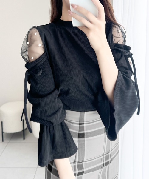 Myrtrada リボンフリルシャツ パール付き リボンタイフリルブラウス